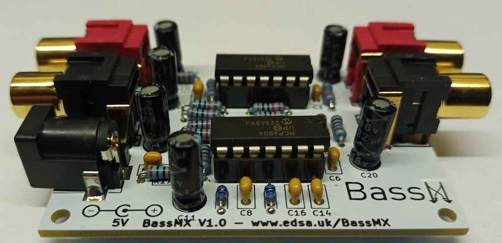 Side view of the same BassMx PCB as shown previously, but this time fully populated with components.