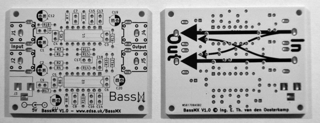 A photograph showing the front and back of the unpopulated BassMX PCB. The PCB material is white and the printing on it is in black.