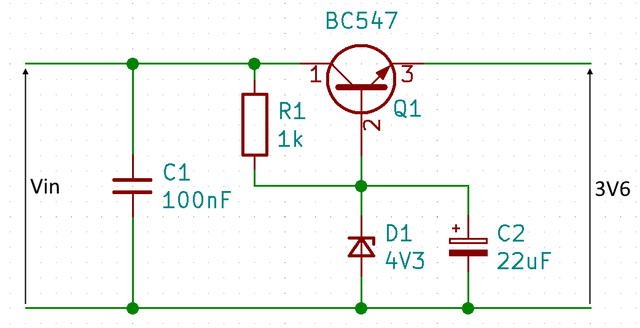 Circuit diagram showing a BC547 transistor with a 4V3 zener diode at its base to create a 3V6 independent supply voltage.