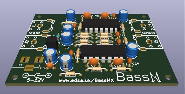 A three dimensional computer generated drawing of the V1.1 BassMX module with most electronic components in place.