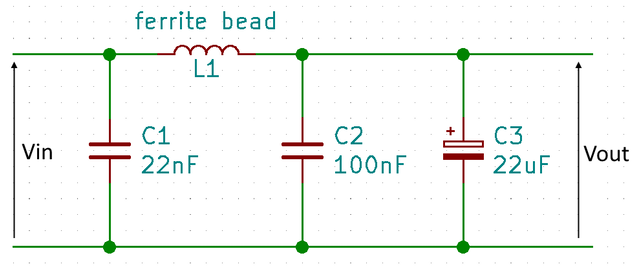Circuit diagram showing how the ferrite bead inductor is connected with three capacitors to form a filter.