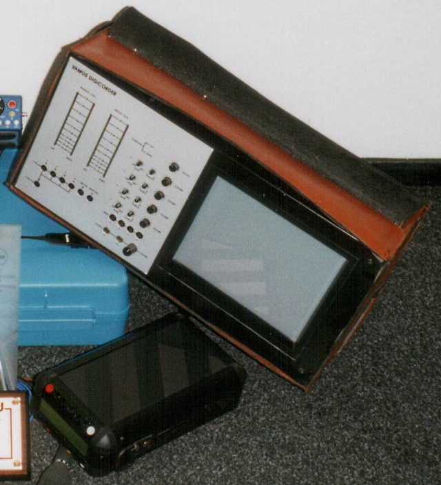 Photo showing a very large first prototype and a much smaller second prototype of the Maycom Digicorder