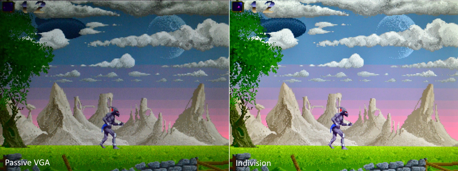 Two screenshots of graphics showing that colours in the output of the Indivision AGA MK3 are much brighter
