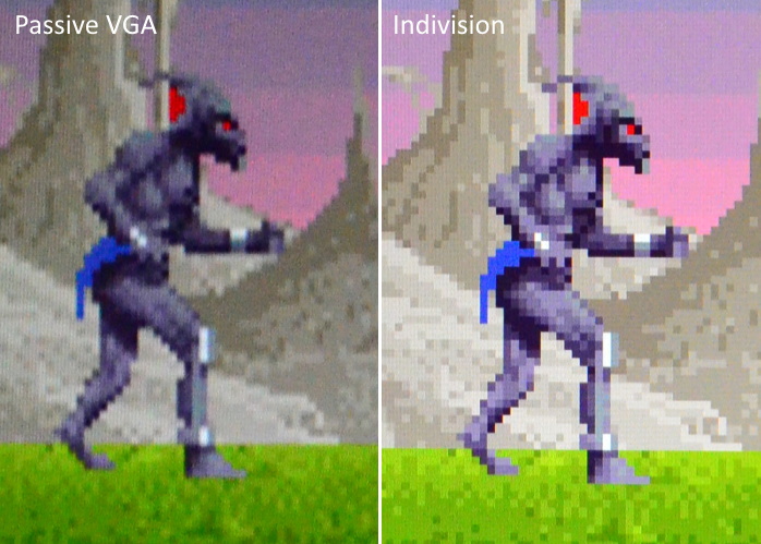 Two zoomed in details of the previous screenshot showing that the output of the Indivision AGA MK3 is much sharper