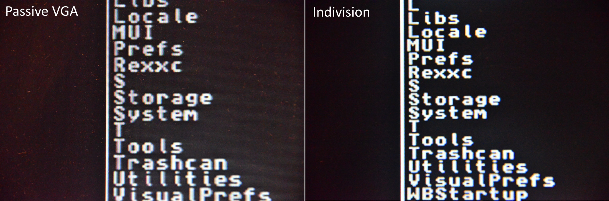 Two screenshots of text showing that the output of the Indivision AGA MK3 is much clearer