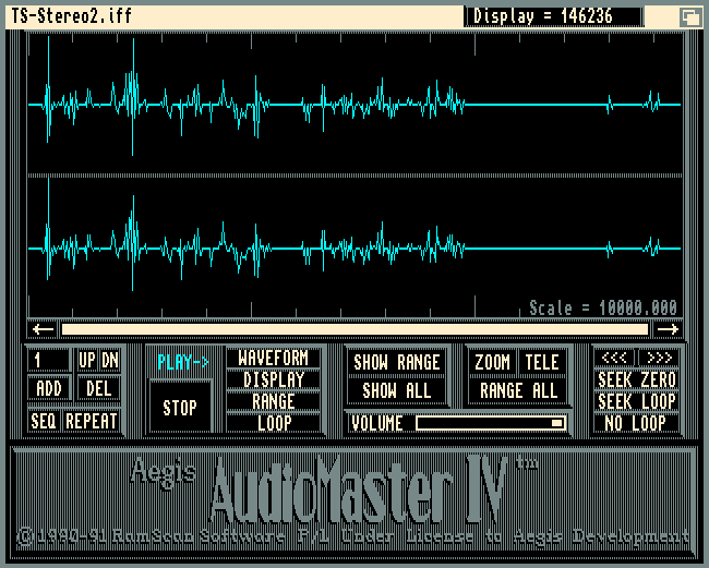 A screenshot showing the top half displaying a stero audio sample. The bottom half contains a number of buttons and a large Aegis AudioMaster IV logo.