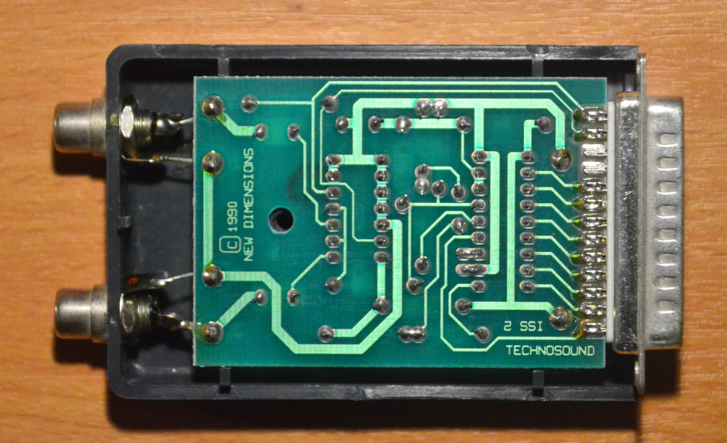 Bottom of the circuit board showing the traces between the components and the words "technosound", "new dimensions" and a date of 1990