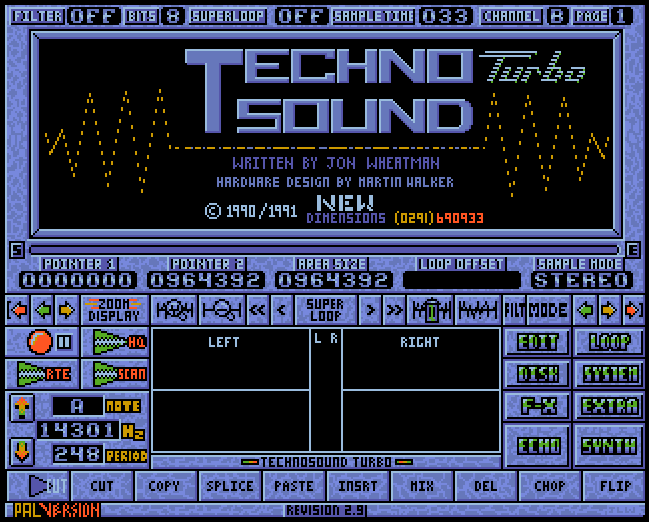 A screenshot showing a large TechnoSound logo in the top third and a large number of buttons on the rest of the screen.