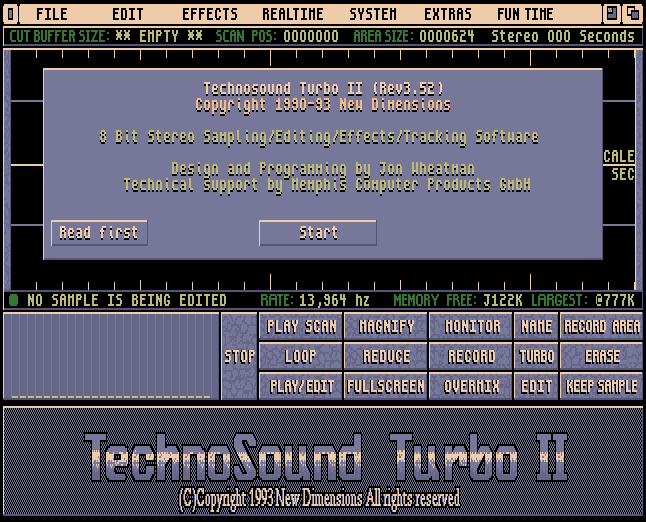 A screenshot showing the top half used for displaying a stereo audio sample, partially obscured by a welcome screen. The bottom half contains a number of buttons and a large TechnoSound Turbo II logo.