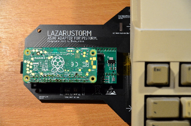 The LazarusStorm with the the other boards plugged in slotted directly into the side of the Amiga.
