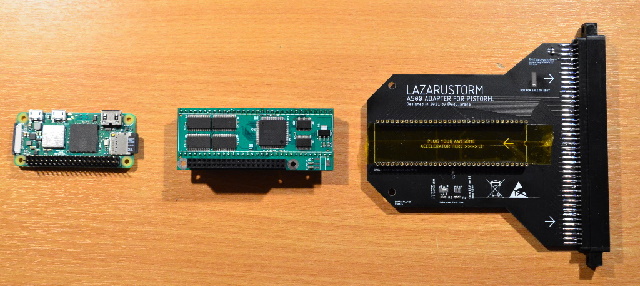 Showing a a PiStorm board with a Raspberry Pi Zero2W board to the left and a LazarusStorm board to the right.