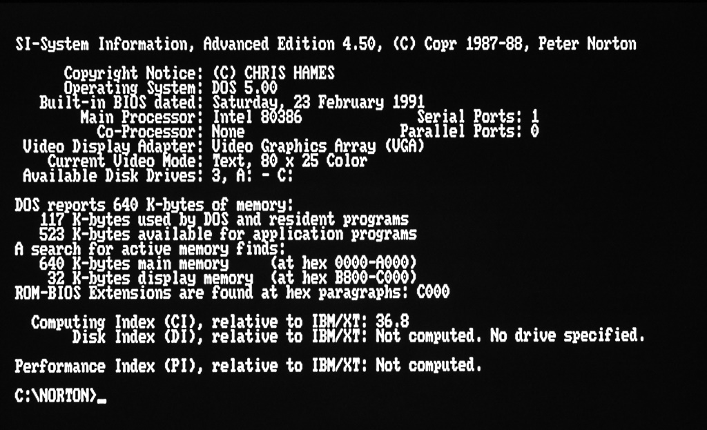 MS-DOS Screenshot of the KCS Power PC Board running the SI tool from Norton Utilities giving a computing index of 36.8