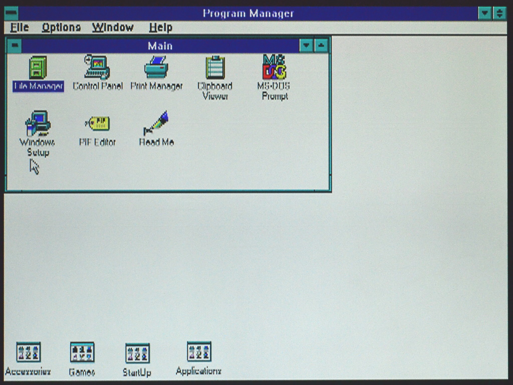 Screenshot of the Windows 3.1 Program Manager window with the window titled "Main" open.