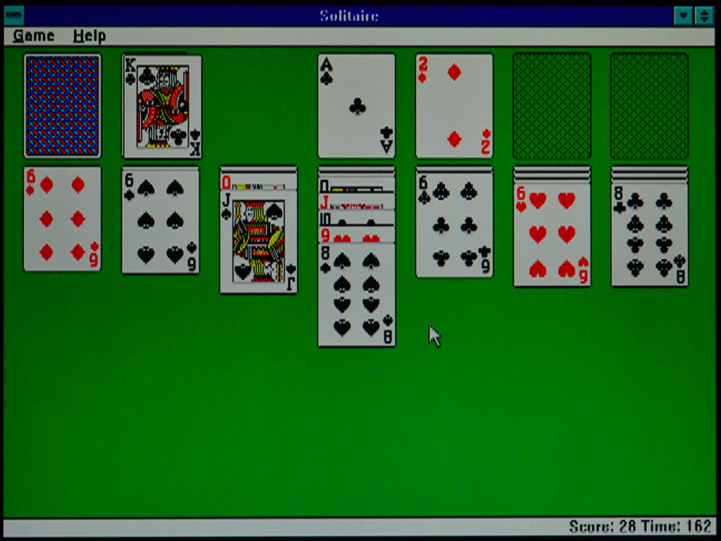 Screenshot showing the Solitaire card game window maximised so that it takes up all screen space.