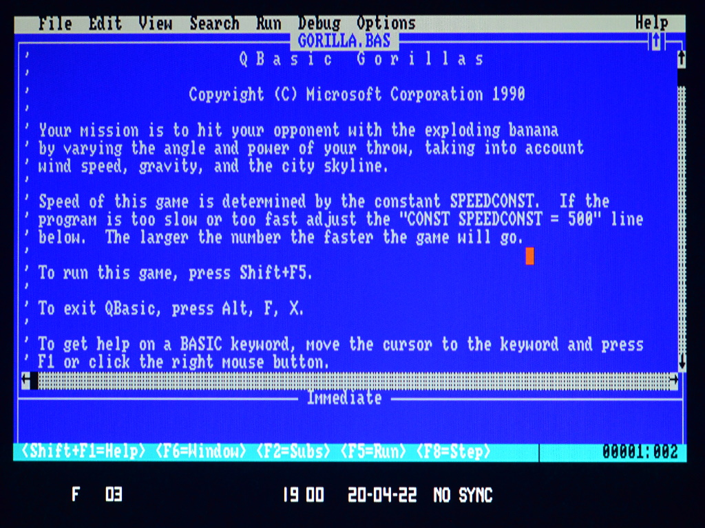 Screenshot of the MS-DOS QBasic editor. It has the example GORILLA.BAS program loaded.