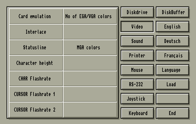 Screenshot of the PC-Preferences program showing buttons for the various configuration options as well as different languages to choose from.