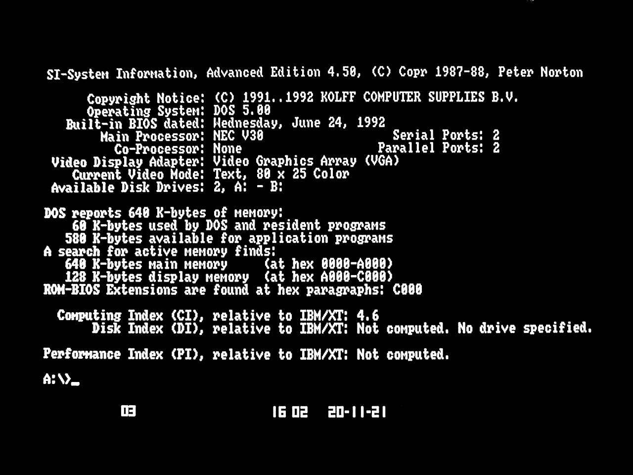 MS-DOS Screenshot of the KCS Power PC Board running the SI tool from Norton Utilities giving a computing index of 4.6