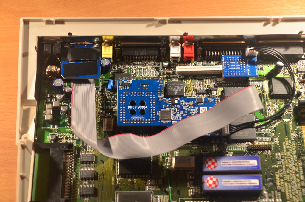 All three boards that make up the Indivision are installed inside an Amiga 1200