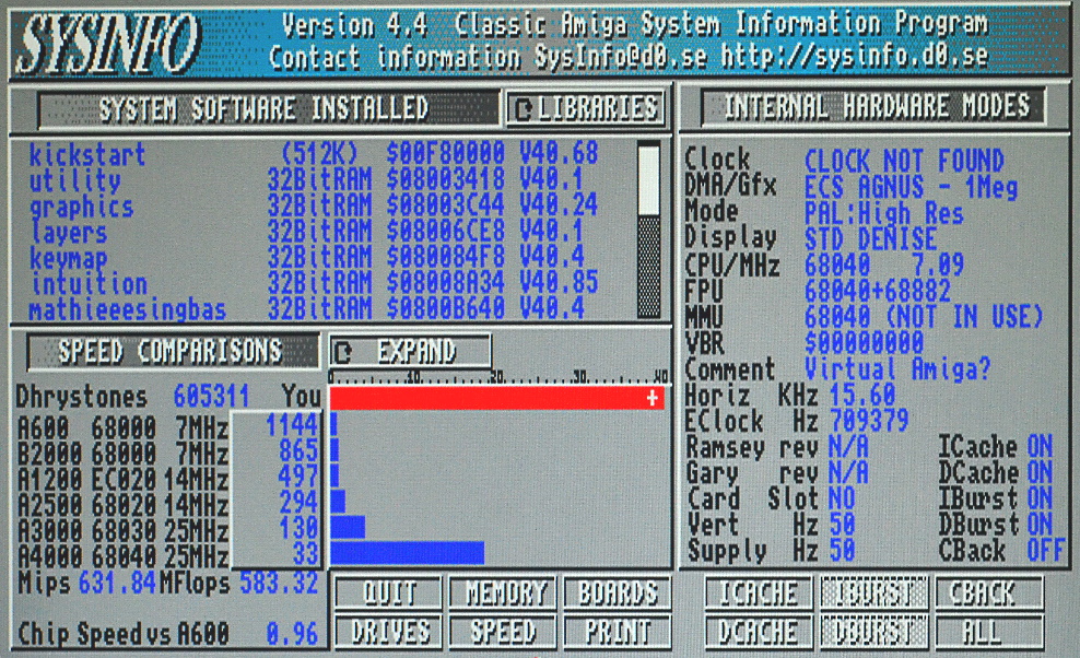 SysInfo screenshot showing a Drystones speed of 605311 which is 1144 times the speed of an original Amiga 600.
