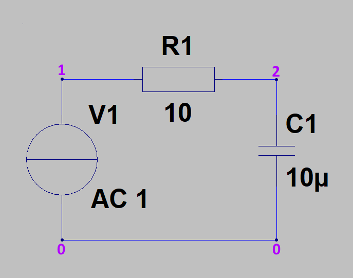 A simple low pass filter cosisting of a resistor and a capacitor. Each connection node between the components has a number to identify it.