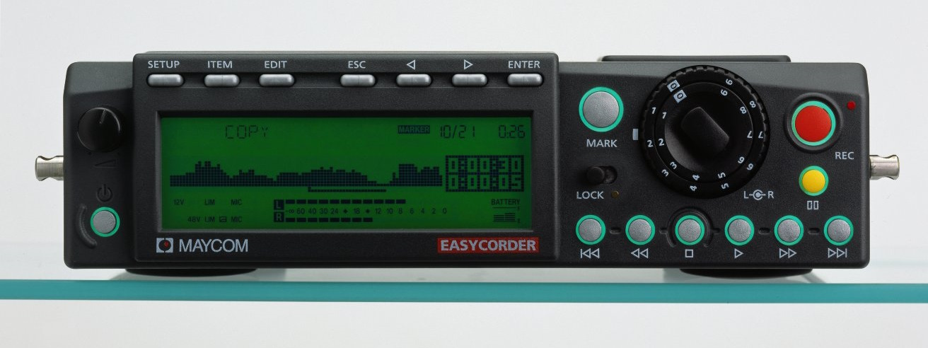Front view of the black Easycorder with a big yellow/green custom display showing a waveform and audio level meters.