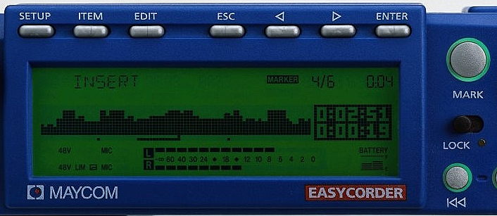 Enlargement of the Easycorder display. It shows a graphical representation of the audio, a selection line and two timers.