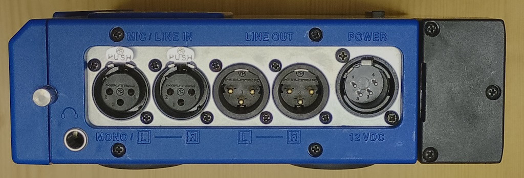 The right hand side of the Easycorder, showing 4 XLR audio connectors, an XLR power connector and a jack port for headphones.