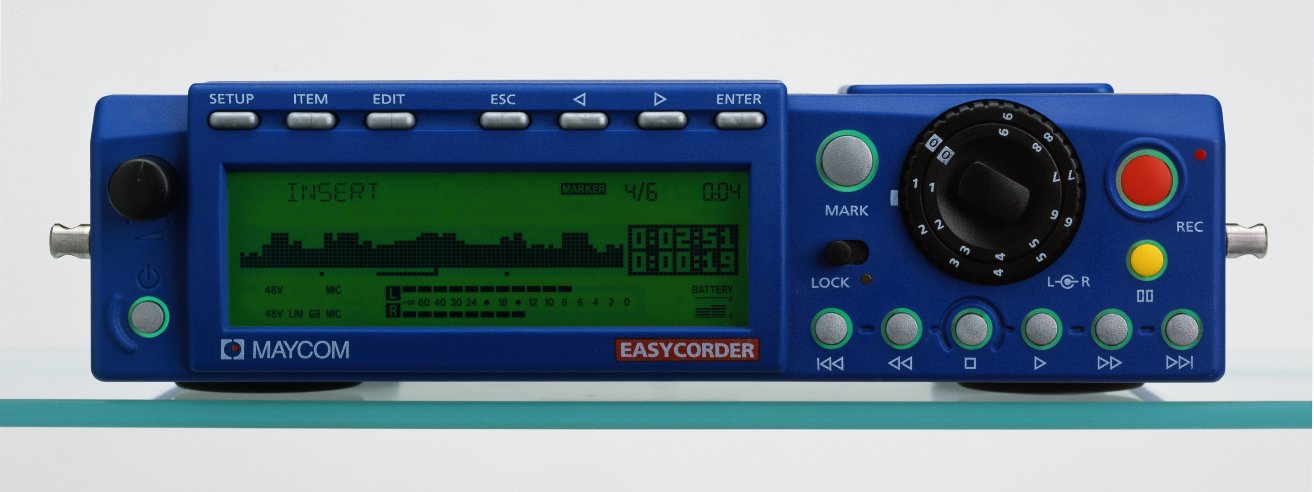 Front view of the blue Easycorder with a big yellow/green custom display showing a waveform and audio level meters.